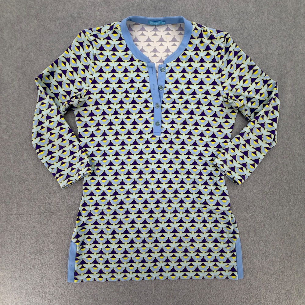 J.McLaughlin Tunic Top Womens Small Blue Floral Geometric Nylon Spandex Henley